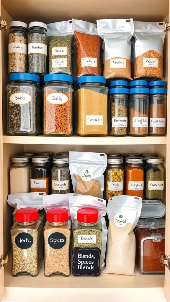 An organized spice cabinet with labeled jars and packets sorted by category.